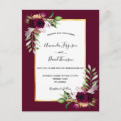 Boho burgundy floreert gouden trouwuitnodiging briefkaart (Voorkant)