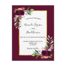 Boho burgundy floreert gouden trouwuitnodiging