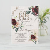 Boho Burgundy Flowers 50th Birthday Party Kaart (Staand voorkant)