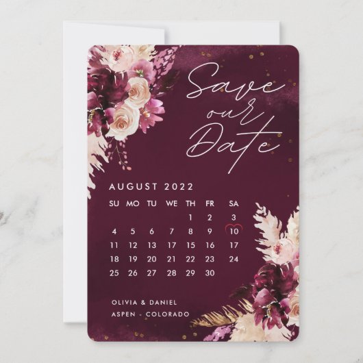 Boho Burgundy Flowers Agenda Save the Date Kaart (Voorkant)