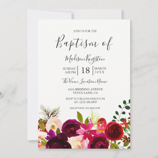 Boho Burgundy Flowers Baptism Invitation Kaart (Voorkant)