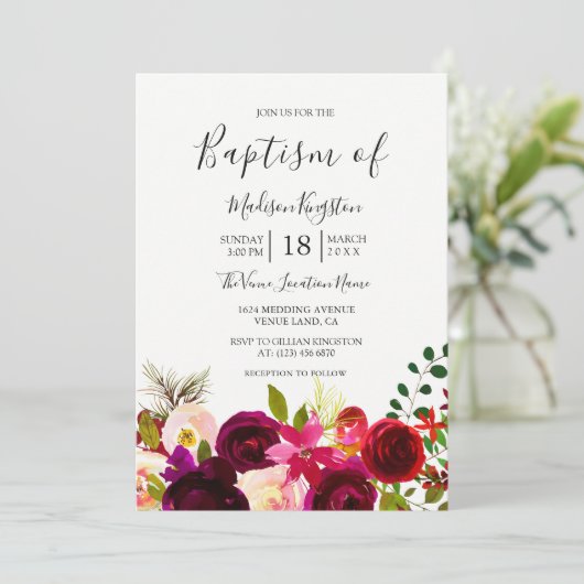 Boho Burgundy Flowers Baptism Invitation Kaart (Staand voorkant)