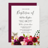 Boho Burgundy Flowers Baptism Invitation Kaart (Voorkant / Achterkant)