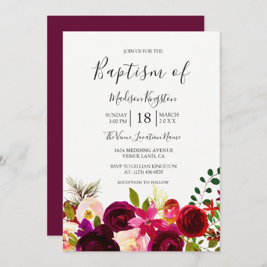 Boho Burgundy Flowers Baptism Invitation Kaart (Voorkant / Achterkant)
