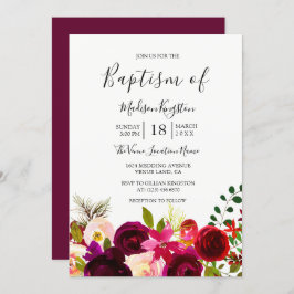 Boho Burgundy Flowers Baptism Invitation Kaart