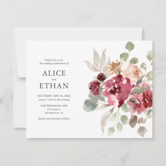 Boho Burgundy Flowers Eucalyptus Wedding Kaart (Voorkant)