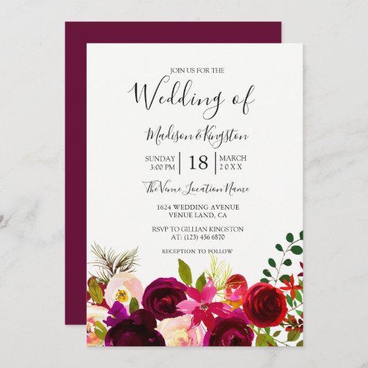 Boho Burgundy Flowers Spring Autumn Wedding Invite Kaart (Voorkant / Achterkant)