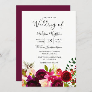 Boho Burgundy Flowers Spring Autumn Wedding Invite Kaart
