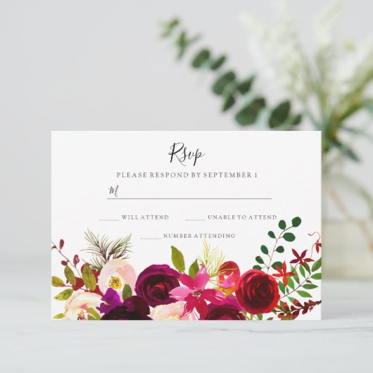 Boho Burgundy Flowers Spring Autumn Wedding RSVP (Staand voorkant)