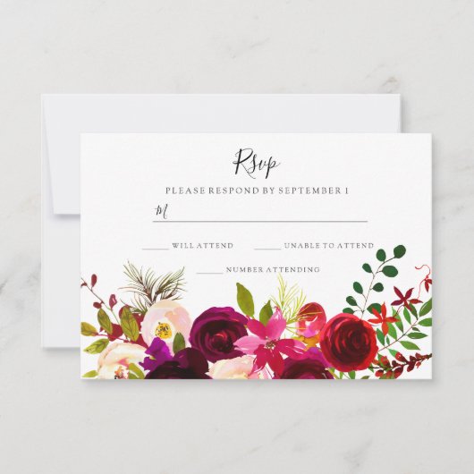 Boho Burgundy Flowers Spring Autumn Wedding RSVP Kaartje (Voorkant)