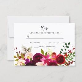 Boho Burgundy Flowers Spring Autumn Wedding RSVP Kaartje
