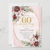 Boho Burgundy Gold Frame Floral 60th Birthday Kaart (Voorkant)