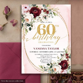Boho Burgundy Gold Oval Floral 60th Birthday Card Kaart