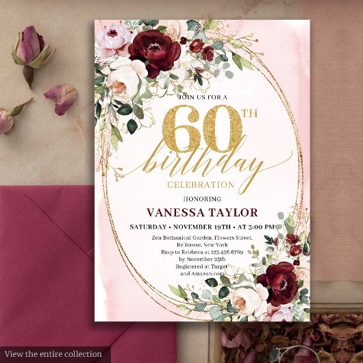 Boho Burgundy Gold Oval Floral 60th Birthday Card Kaart