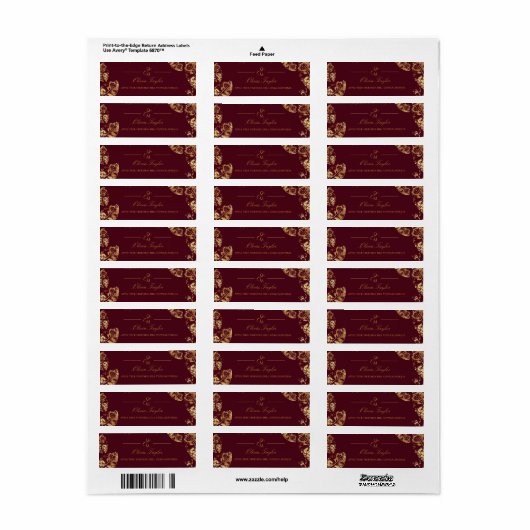 Boho Burgundy | Gouden herfstbruiloftsadres Etiket (Full Sheet)