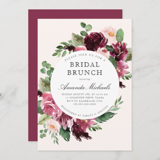 Boho Burgundy Greenery Floral Bridal Brunch Shower Kaart (Voorkant / Achterkant)