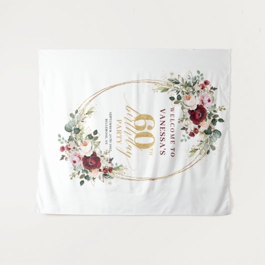 Boho Burgundy Greenery Gold 60th Birthday Backdrop Wandkleed (Voorkant (horizontaal))