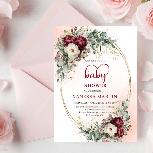 Boho Burgundy Greenery Gold Baby Shower Invite Kaart