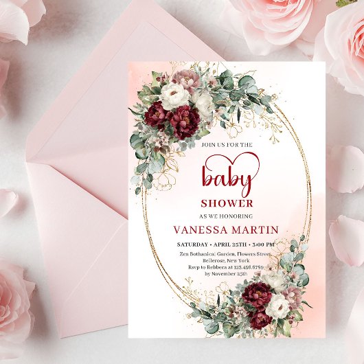 Boho Burgundy Greenery Heart-Shaped Font Baby Show Kaart