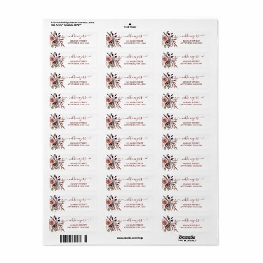 Boho Burgundy herfst floral bruiloft Label (Full Sheet)