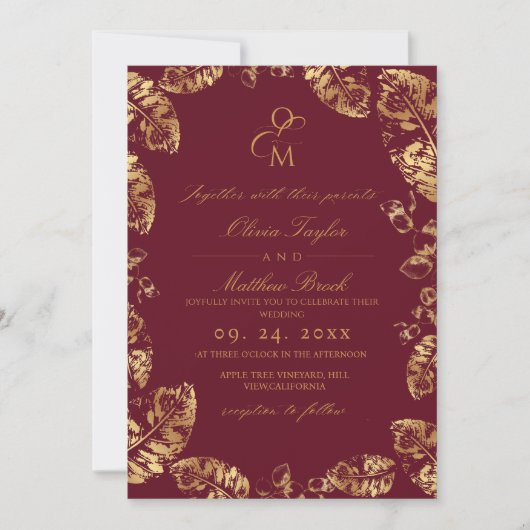 Boho Burgundy Leaf | Elegante herfstbruiloft Kaart (Voorkant)