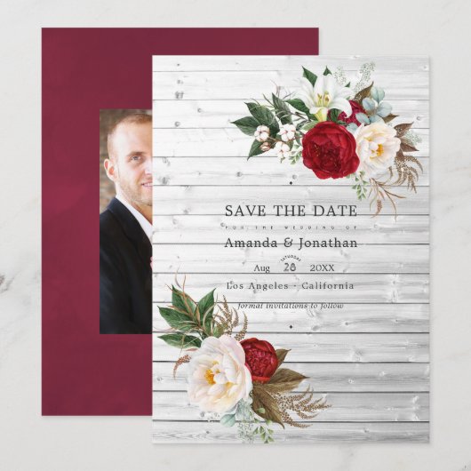 Boho Burgundy - Marsala Bloem Boheem Huwelijk Save The Date (Voorkant / Achterkant)