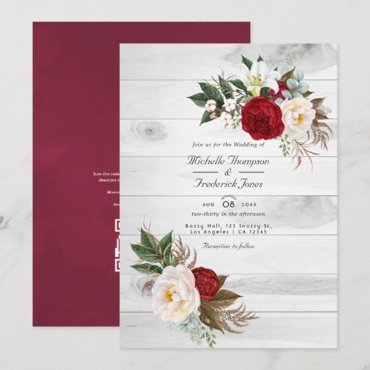 Boho Burgundy/Marsala Bloem QR Code RSVP Huwelijk Kaart (Voorkant / Achterkant)