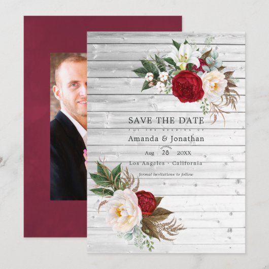 Boho Burgundy - Marsala Bloemen Huwelijksfoto Save The Date (Voorkant / Achterkant)
