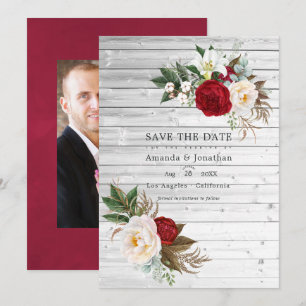 Boho Burgundy - Marsala Bloemen Huwelijksfoto Save The Date