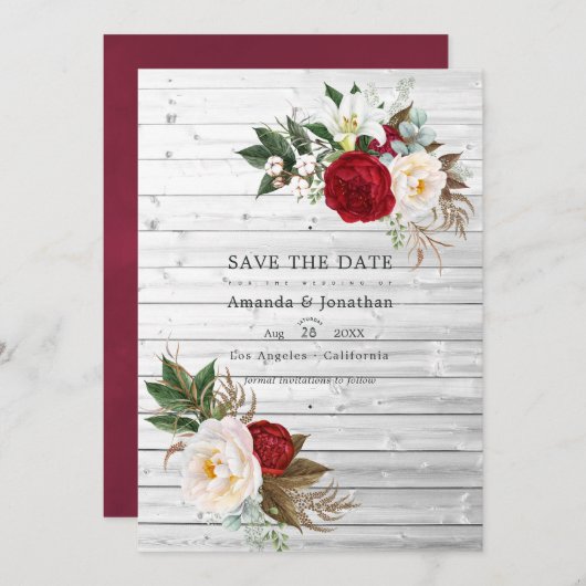 Boho Burgundy - Marsala Bloemige Boheemse Trouwdag Save The Date (Voorkant / Achterkant)