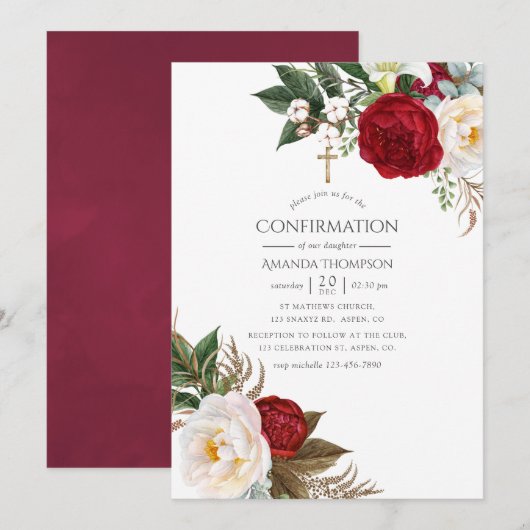 Boho Burgundy - Marsala Bloemige Confirmatie Kaart (Voorkant / Achterkant)