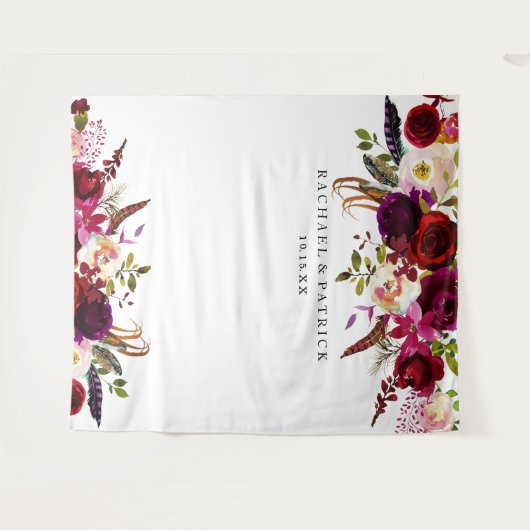 Boho Burgundy Marsala Bloemige Trouw Achtergrond Wandkleed (Voorkant (horizontaal))