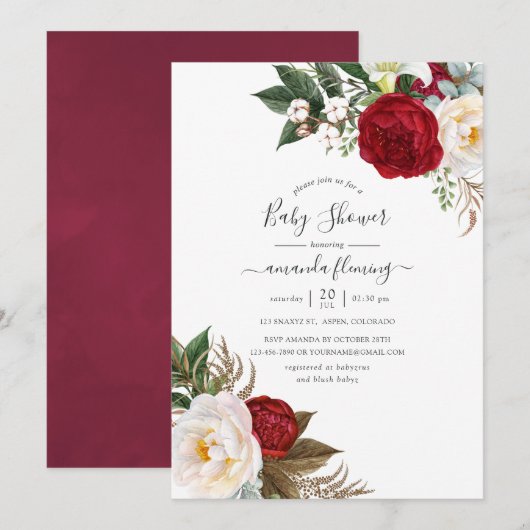 Boho Burgundy - Marsala Floral Baby shower Kaart (Voorkant / Achterkant)