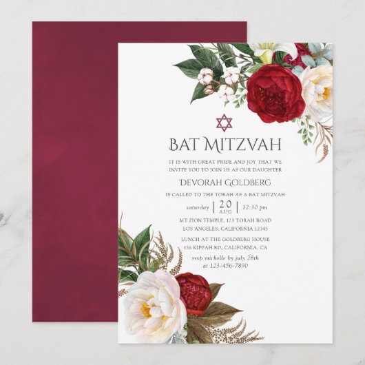 Boho Burgundy - Marsala Floral Bat Mitzvah Kaart (Voorkant / Achterkant)