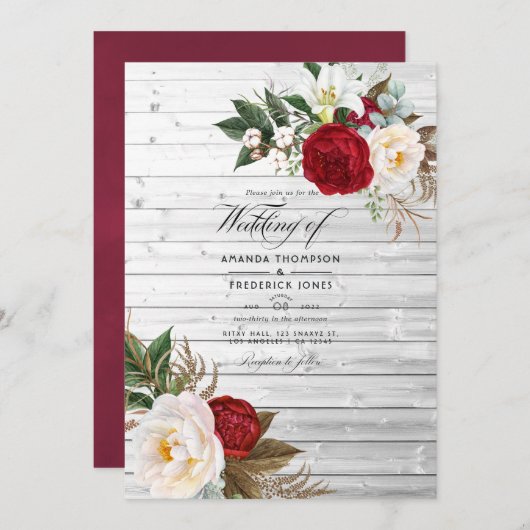 Boho Burgundy - Marsala Floral Bohemian Wedding Kaart (Voorkant / Achterkant)