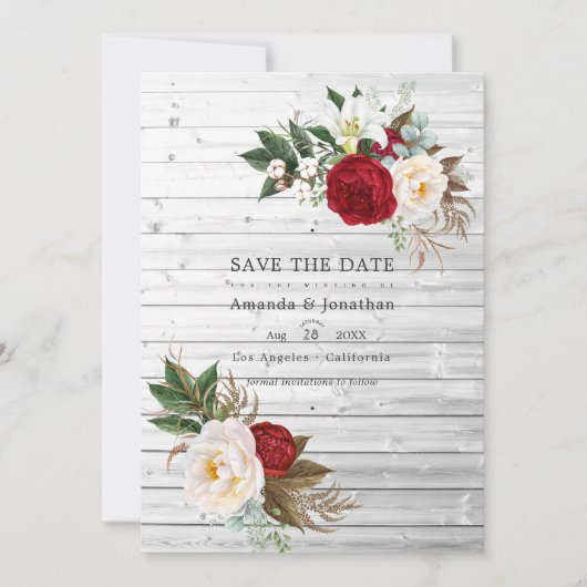 Boho Burgundy - Marsala Floral Bohemian Wedding Save The Date (Voorkant)