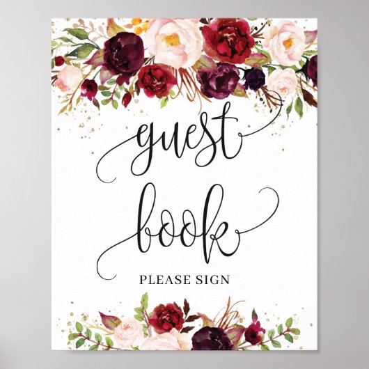Boho burgundy marsala floral gold-teken poster (Voorkant)