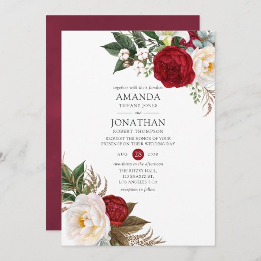 Boho Burgundy - Marsala Floral Wedding Kaart (Voorkant / Achterkant)