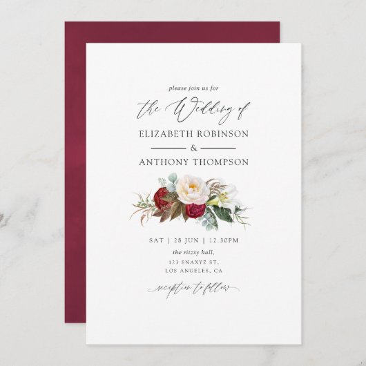 Boho Burgundy - Marsala Floral Wedding Kaart (Voorkant / Achterkant)