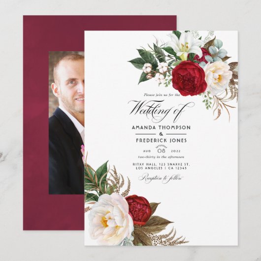 Boho Burgundy - Marsala Floral Wedding Photo Kaart (Voorkant / Achterkant)