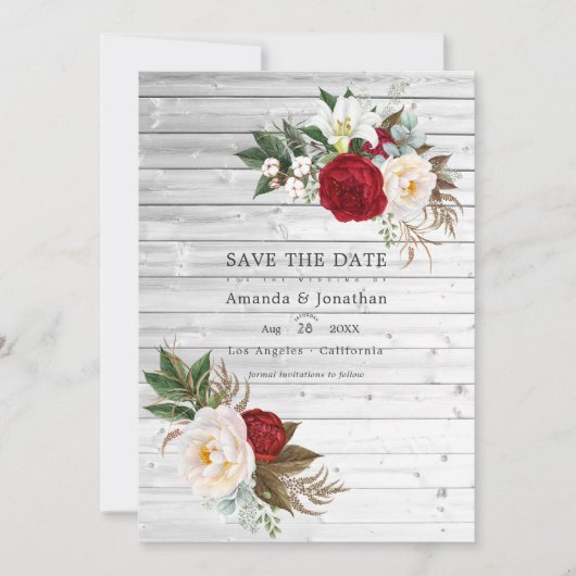 Boho Burgundy - Marsala Floral Wedding Photo Save The Date (Voorkant)