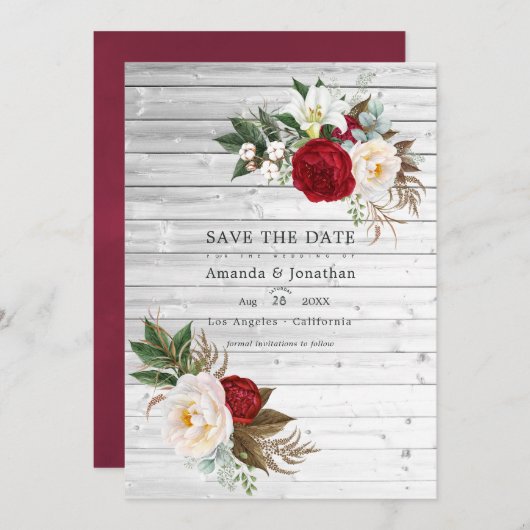 Boho Burgundy - Marsala Floral Wedding Photo Save The Date (Voorkant / Achterkant)