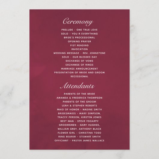 Boho Burgundy - Marsala Floral Wedding Programmakaart (Achterkant)