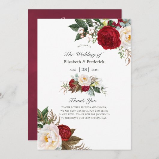 Boho Burgundy - Marsala Floral Wedding Programmakaart (Voorkant / Achterkant)