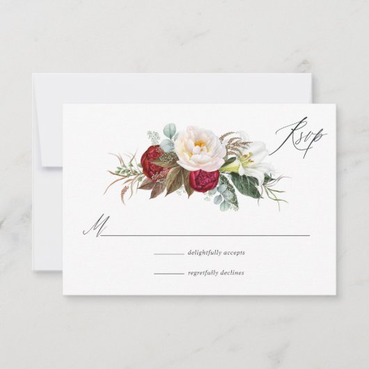 Boho Burgundy - Marsala Floral Wedding RSVP Kaartje (Voorkant)