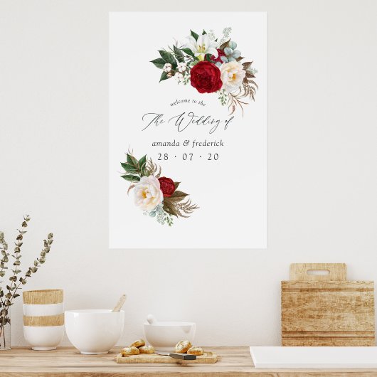 Boho Burgundy - Marsala Floral Wedding Welkom Poster (Keuken)