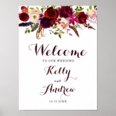Boho Burgundy Marsala Floral Welcome Wedding Sign Poster (Voorkant)