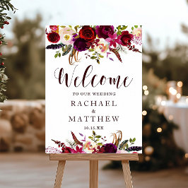 Boho Burgundy Marsala Floral Welcome Wedding Sign Poster