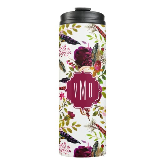 Boho Burgundy Marsala Waterverf Floral monogram Thermosbeker (Voorkant)