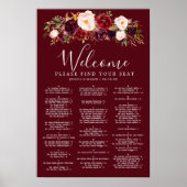 Boho Burgundy Marsala Wedding Seding Chart Sign Poster (Voorkant)